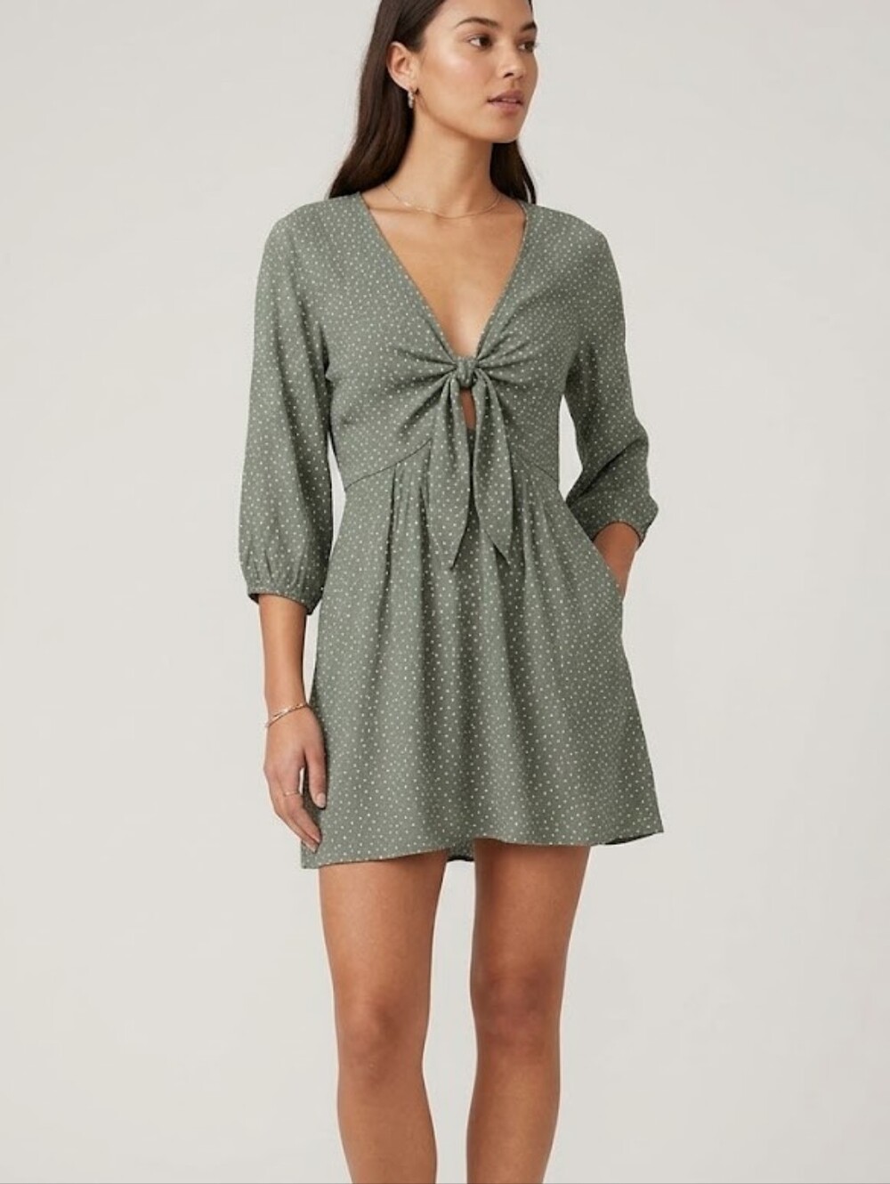 Dynamite Sage Green Polka Dot Tie-Front Dress Size Small
